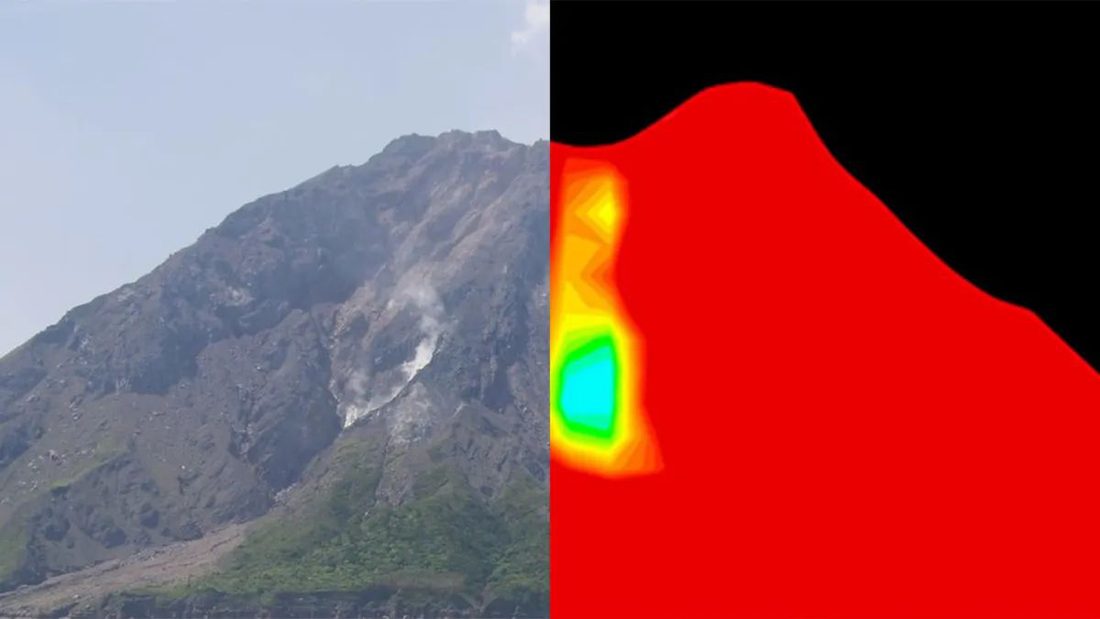 Muographic image of a volcano showing a low-density zone.