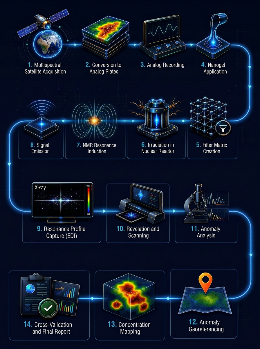Flow chart of the fourteen-step process, from satellite capture to the final report.